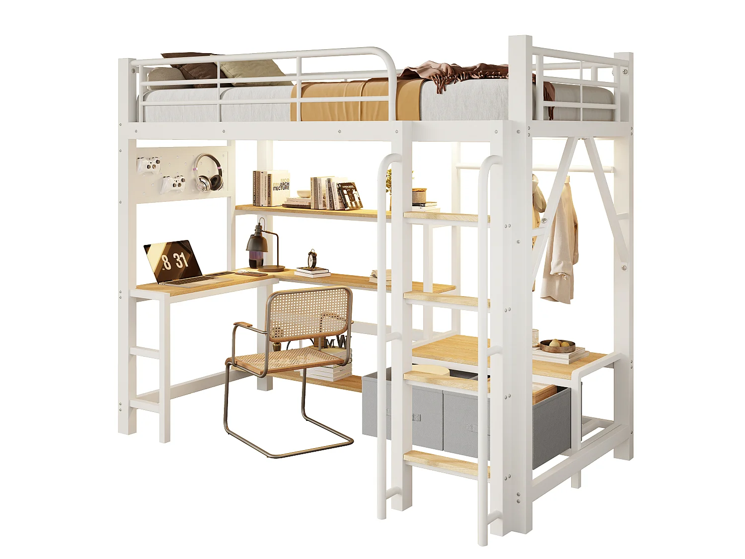 Lit mezzanine 90 x 200 cm avec bureau, étagères, penderie et panneau perforé – Métal et MDF – LED + USB – Blanc (Sans matelas)