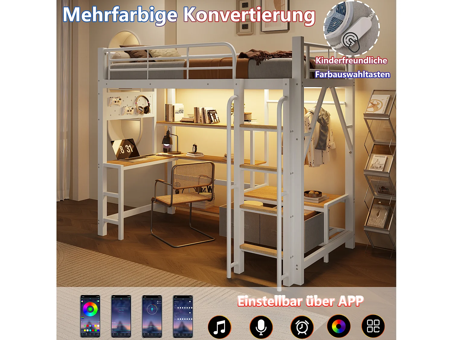 Lit mezzanine 90 x 200 cm avec bureau, étagères, penderie et panneau perforé – Métal et MDF – LED + USB – Blanc (Sans matelas)