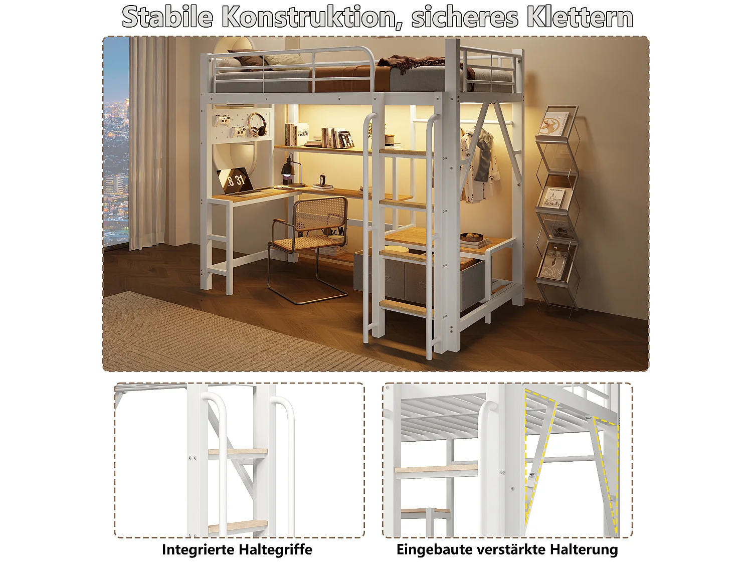 Lit mezzanine 90 x 200 cm avec bureau, étagères, penderie et panneau perforé – Métal et MDF – LED + USB – Blanc (Sans matelas)