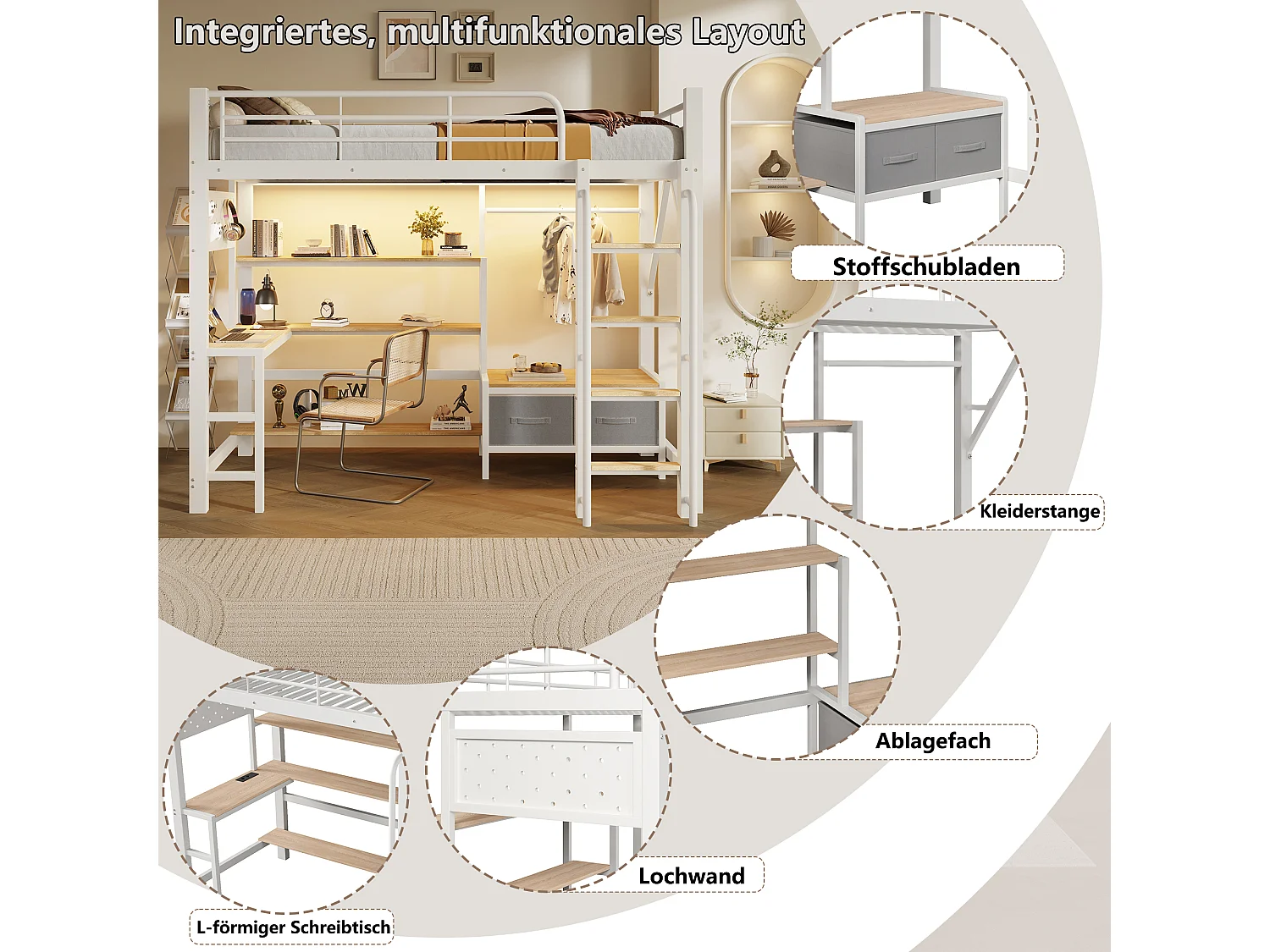 Lit mezzanine 90 x 200 cm avec bureau, étagères, penderie et panneau perforé – Métal et MDF – LED + USB – Blanc (Sans matelas)