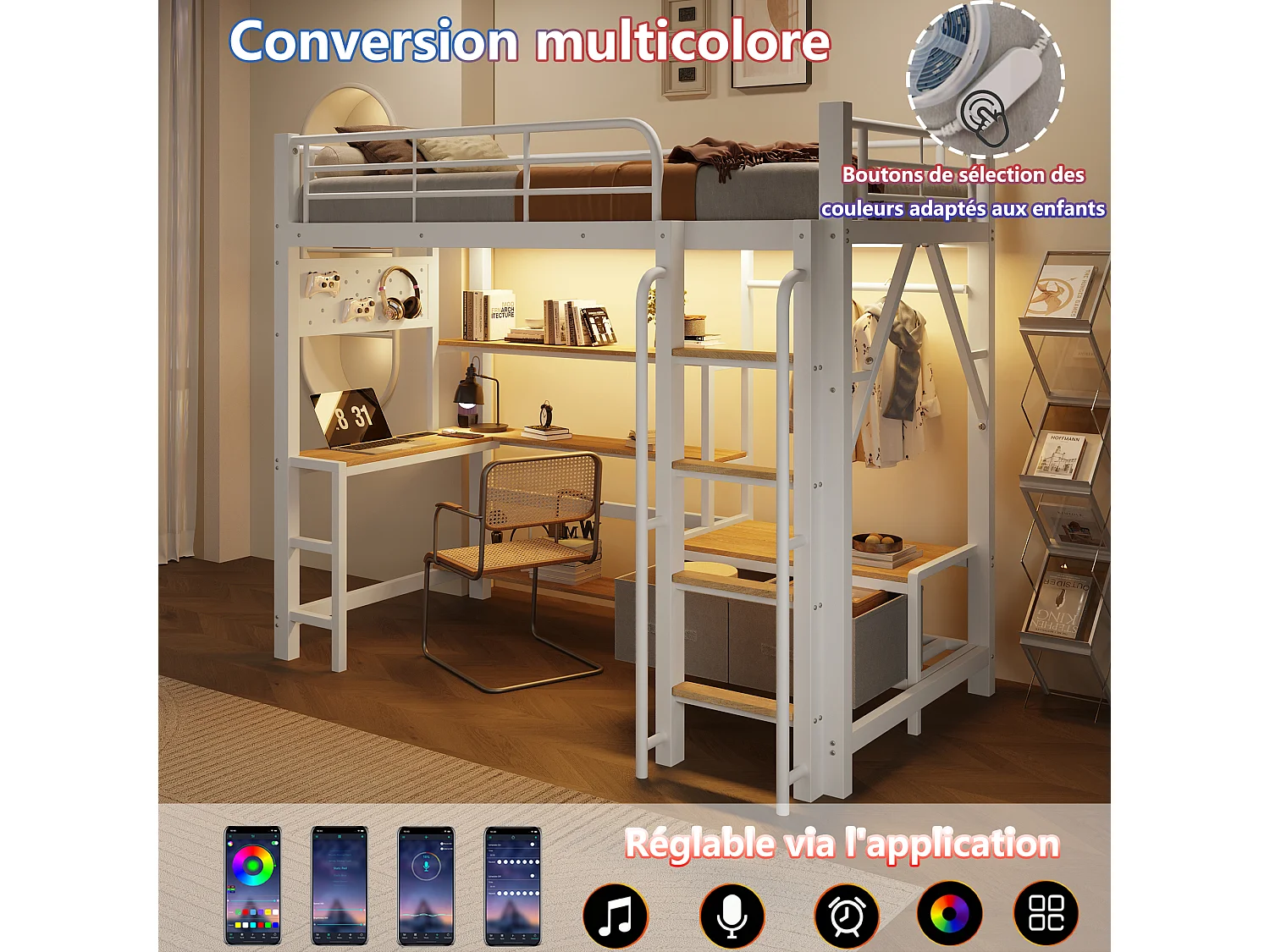 Lit mezzanine 90 x 200 cm avec bureau, étagères, penderie et panneau perforé – Métal et MDF – LED + USB – Blanc (Sans matelas)