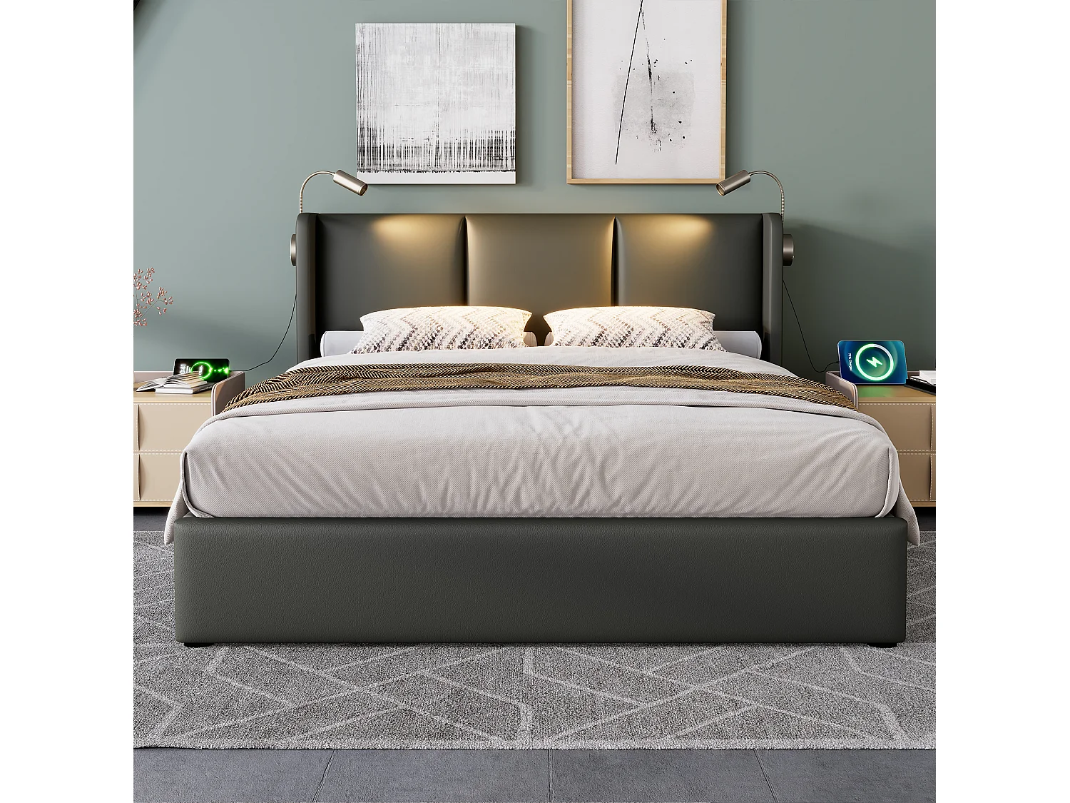 Lit coffre 180 x 200 cm avec grand coffre de rangement, lampe de lecture intégrée, ports USB et revêtement en PU - Gris (Sans matelas)