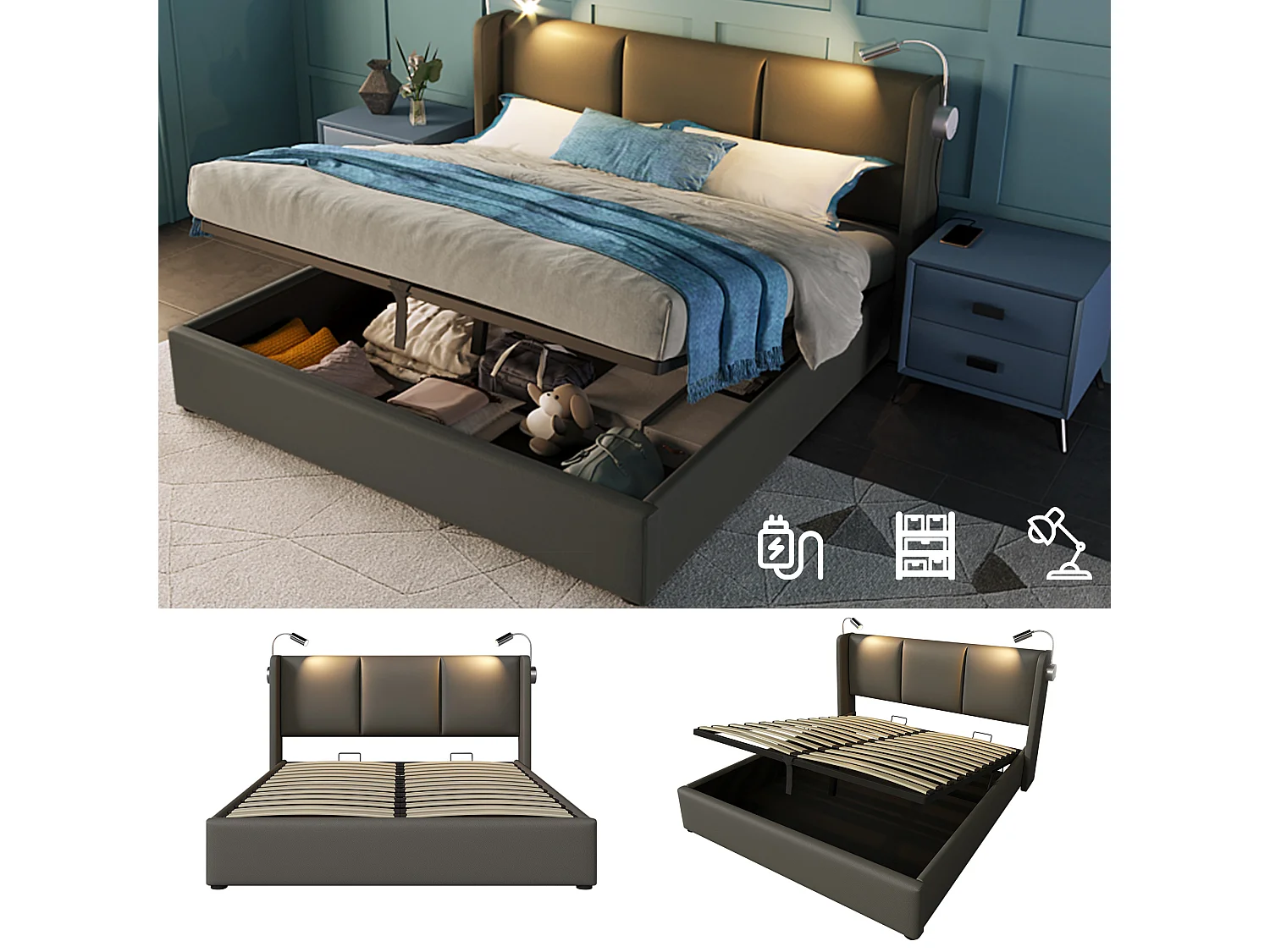 Lit coffre 180 x 200 cm avec grand coffre de rangement, lampe de lecture intégrée, ports USB et revêtement en PU - Gris (Sans matelas)