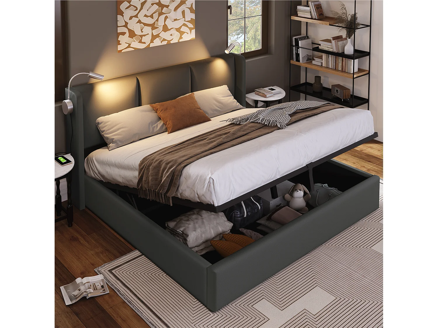 Lit coffre 180 x 200 cm avec grand coffre de rangement, lampe de lecture intégrée, ports USB et revêtement en PU - Gris (Sans matelas)