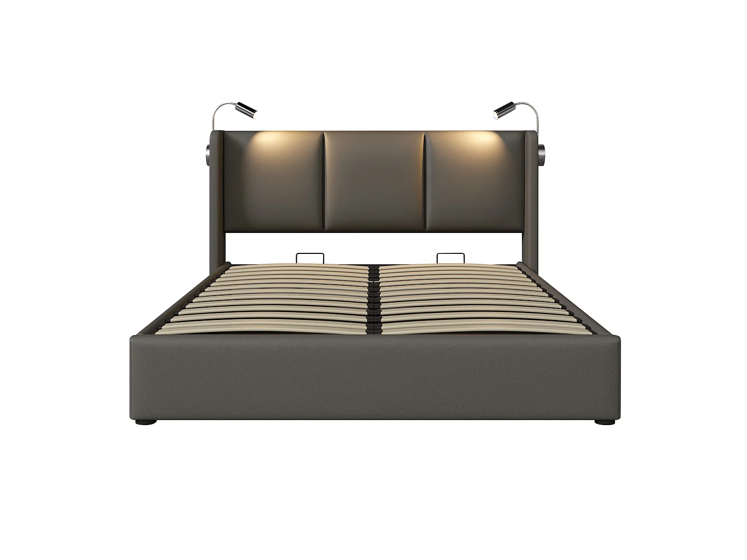 Lit coffre 180 x 200 cm avec grand coffre de rangement, lampe de lecture intégrée, ports USB et revêtement en PU - Gris (Sans matelas)