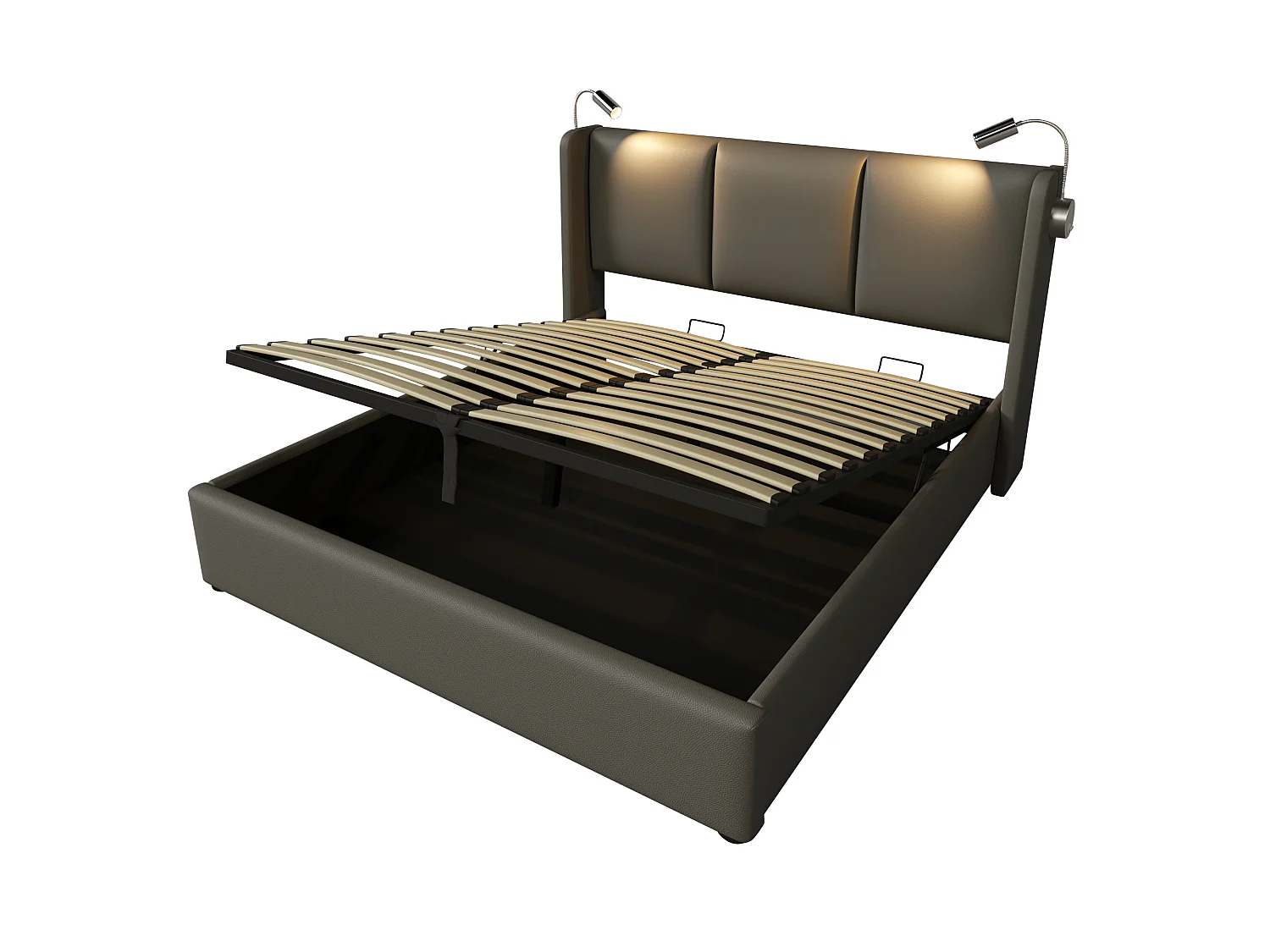 Lit coffre 180 x 200 cm avec grand coffre de rangement, lampe de lecture intégrée, ports USB et revêtement en PU - Gris (Sans matelas)
