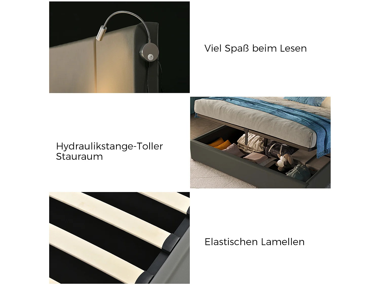 Lit coffre 180 x 200 cm avec grand coffre de rangement, lampe de lecture intégrée, ports USB et revêtement en PU - Gris (Sans matelas)