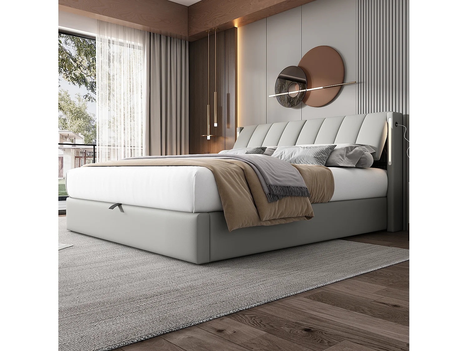 Lit coffre binaural avec tête de lit réglable - 180 x 200 cm - Cuir PU - LEDs et USB - Blanc (Sans matelas)