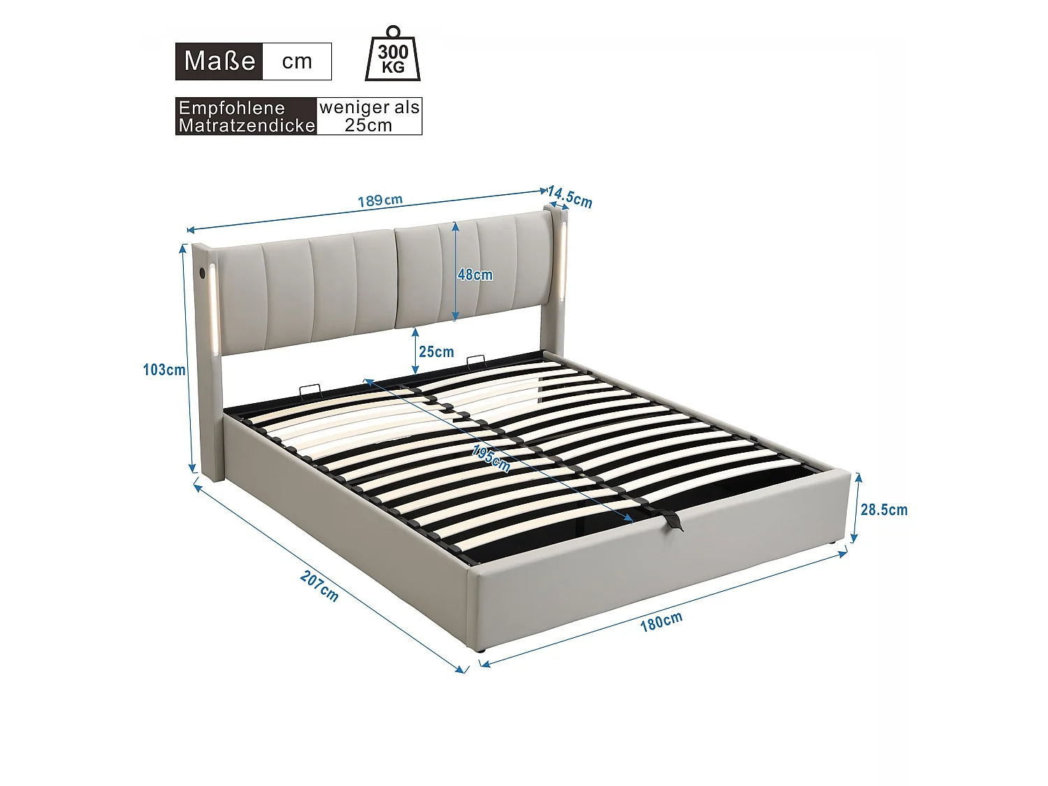 Lit coffre binaural avec tête de lit réglable - 180 x 200 cm - Cuir PU - LEDs et USB - Blanc (Sans matelas)