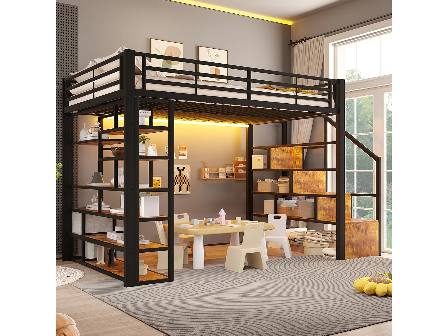 Lit mezzanine 140 x 200 cm avec marches de rangement, 2 tiroirs en tissu et étagères – Métal et MDF – LED – Noir (Sans matelas)