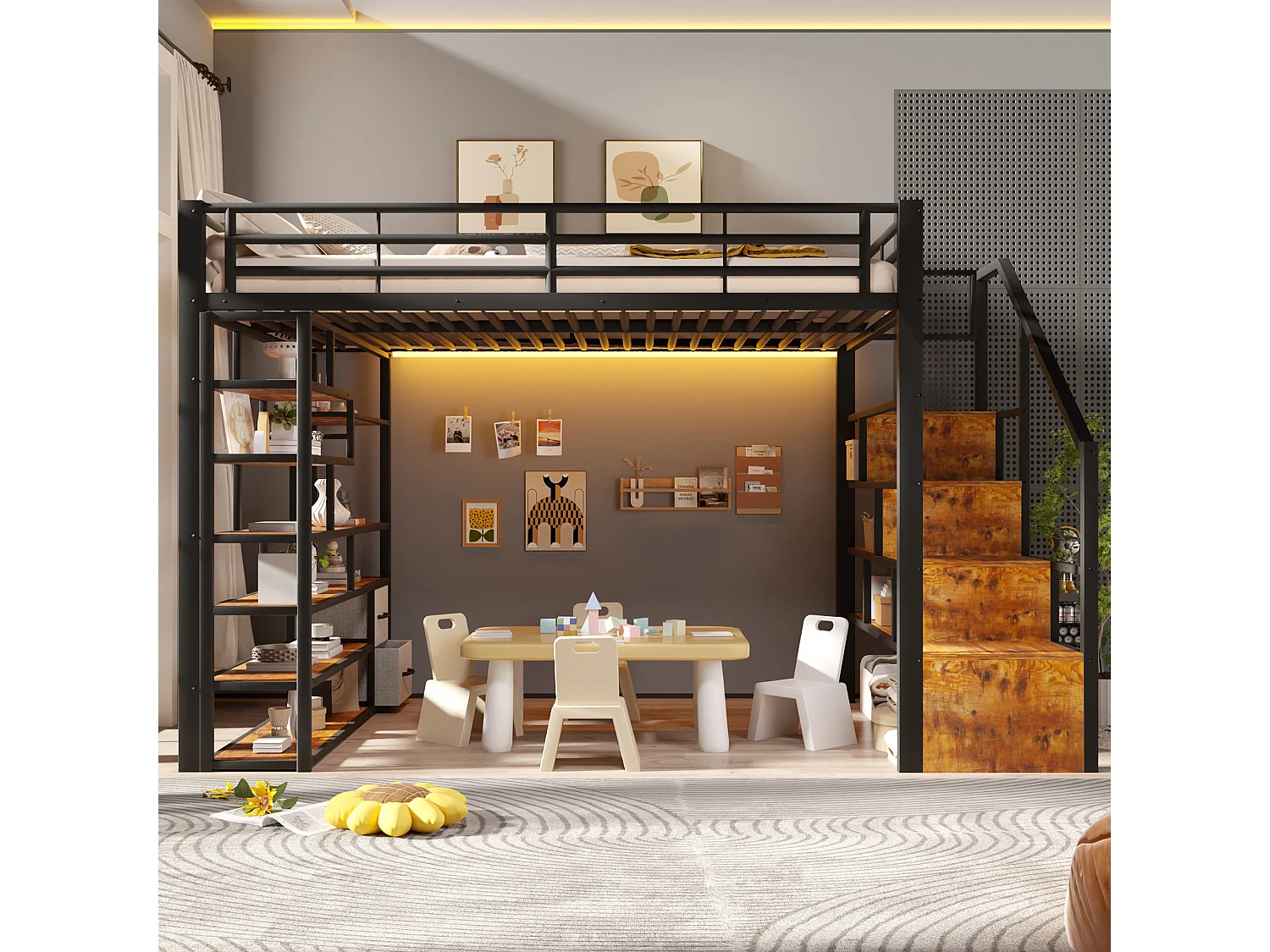 Lit mezzanine 140 x 200 cm avec marches de rangement, 2 tiroirs en tissu et étagères – Métal et MDF – LED – Noir (Sans matelas)
