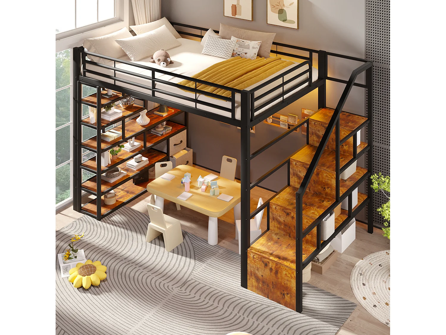 Lit mezzanine 140 x 200 cm avec marches de rangement, 2 tiroirs en tissu et étagères – Métal et MDF – LED – Noir (Sans matelas)