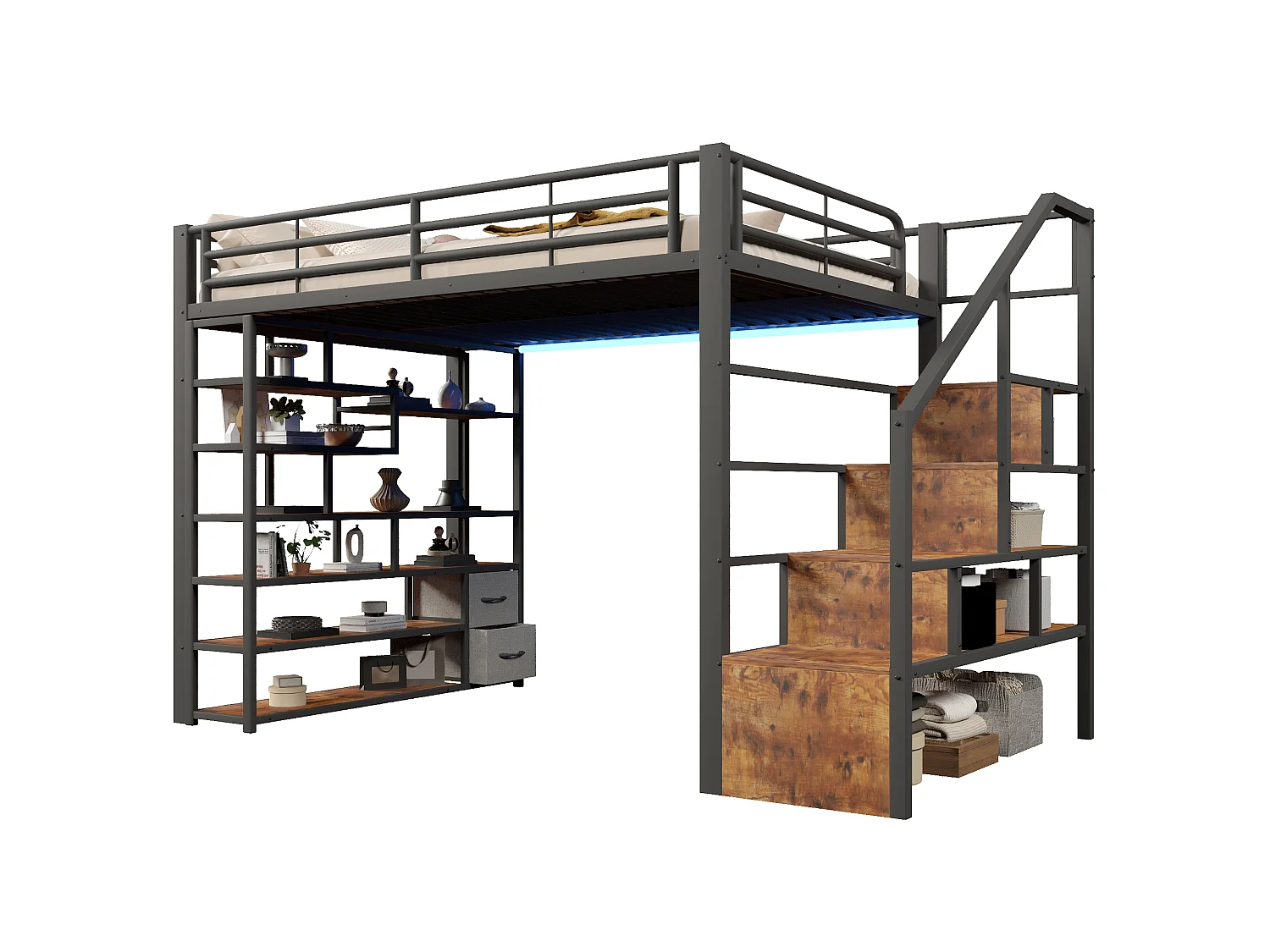 Lit mezzanine 140 x 200 cm avec marches de rangement, 2 tiroirs en tissu et étagères – Métal et MDF – LED – Noir (Sans matelas)
