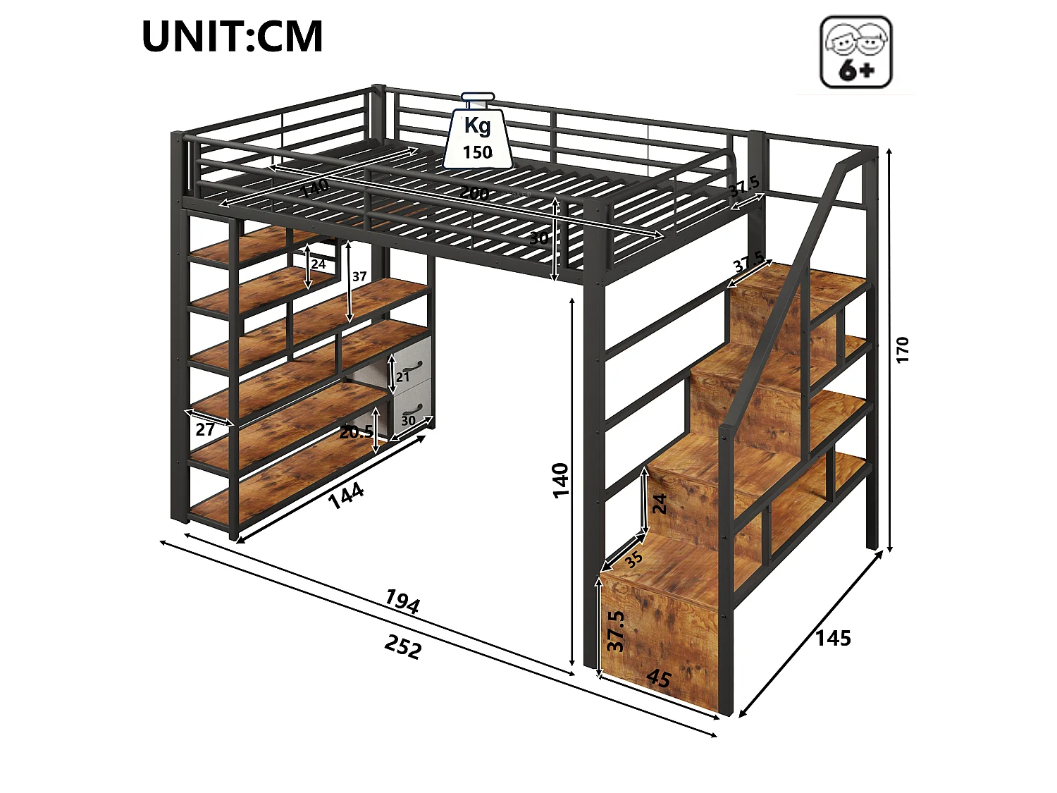 Lit mezzanine 140 x 200 cm avec marches de rangement, 2 tiroirs en tissu et étagères – Métal et MDF – LED – Noir (Sans matelas)