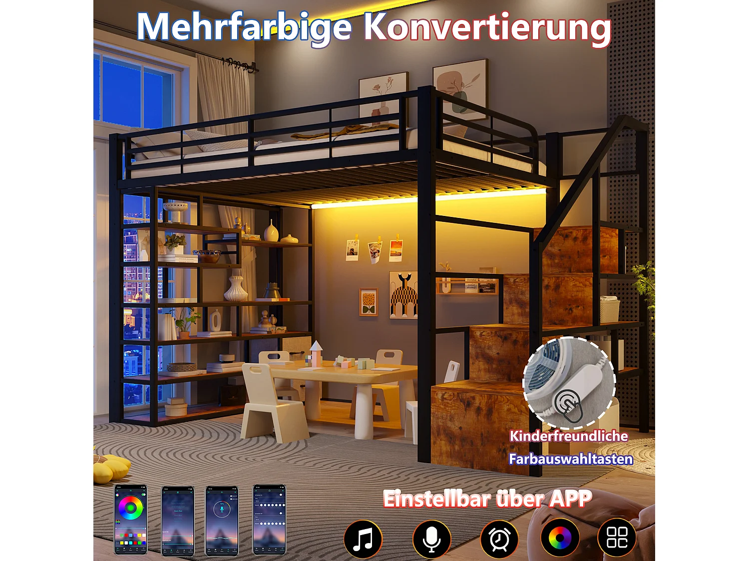 Lit mezzanine 140 x 200 cm avec marches de rangement, 2 tiroirs en tissu et étagères – Métal et MDF – LED – Noir (Sans matelas)