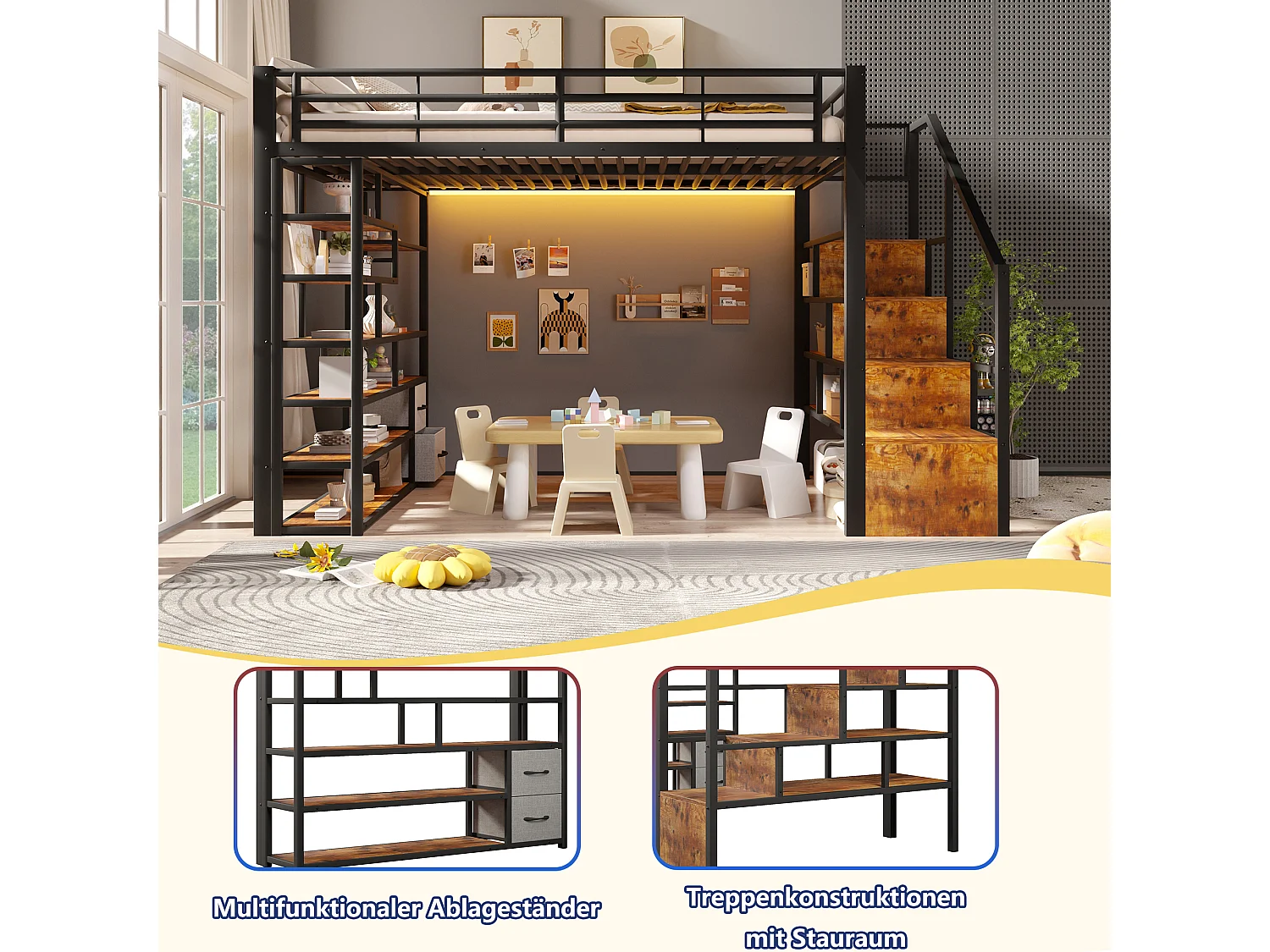 Lit mezzanine 140 x 200 cm avec marches de rangement, 2 tiroirs en tissu et étagères – Métal et MDF – LED – Noir (Sans matelas)