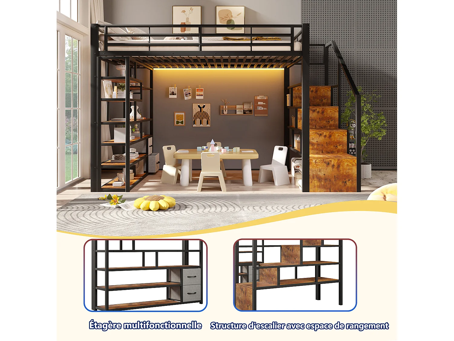 Lit mezzanine 140 x 200 cm avec marches de rangement, 2 tiroirs en tissu et étagères – Métal et MDF – LED – Noir (Sans matelas)