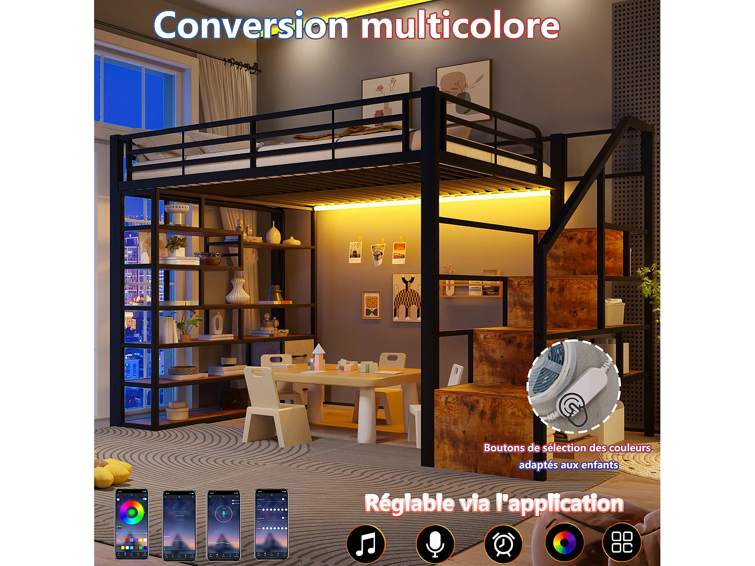 Lit mezzanine 140 x 200 cm avec marches de rangement, 2 tiroirs en tissu et étagères – Métal et MDF – LED – Noir (Sans matelas)