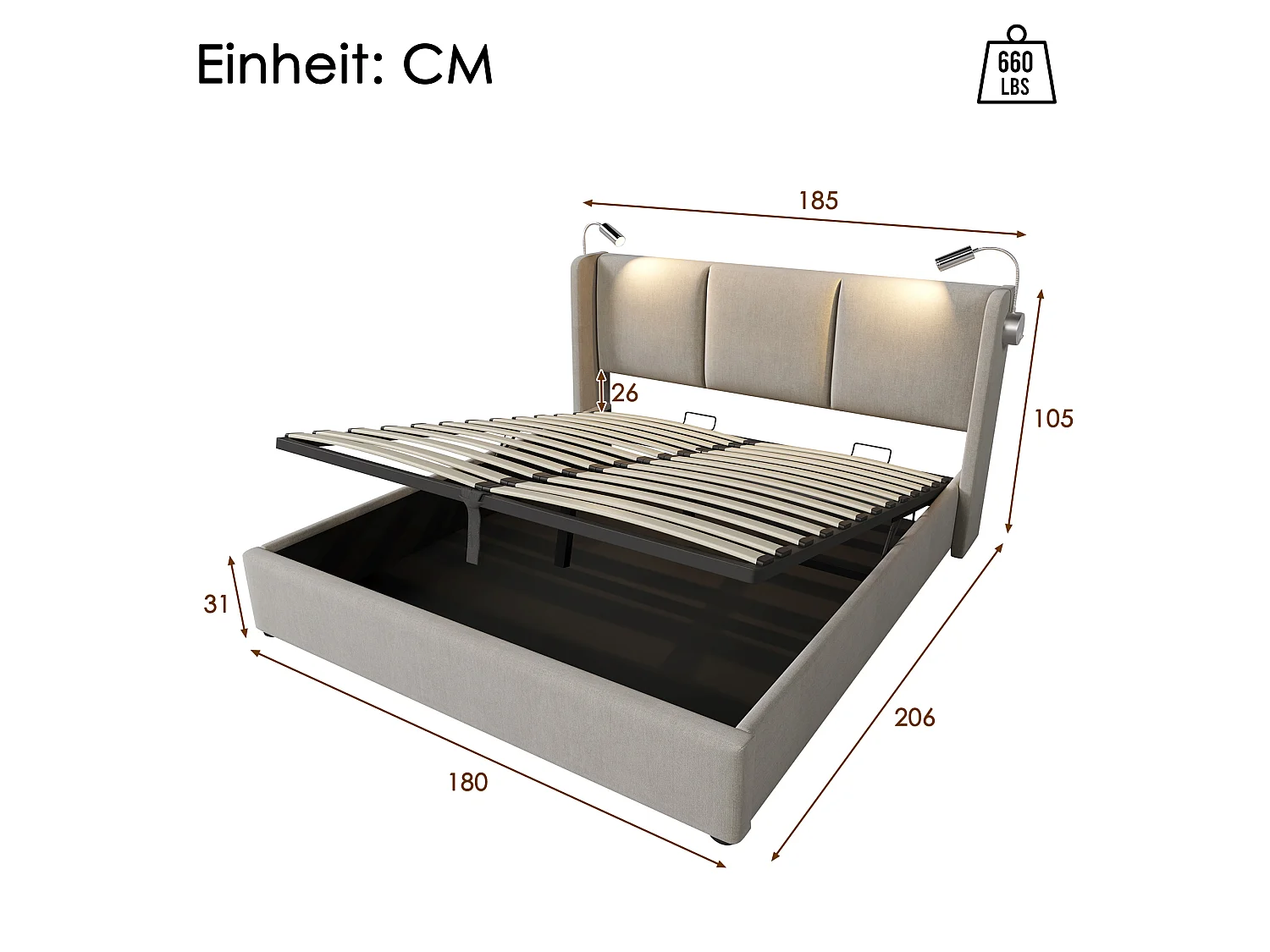 Lit coffre 180 x 200 cm avec grand coffre de rangement, lampe de lecture intégrée, ports USB et revêtement en lin - Beige (Sans matelas)