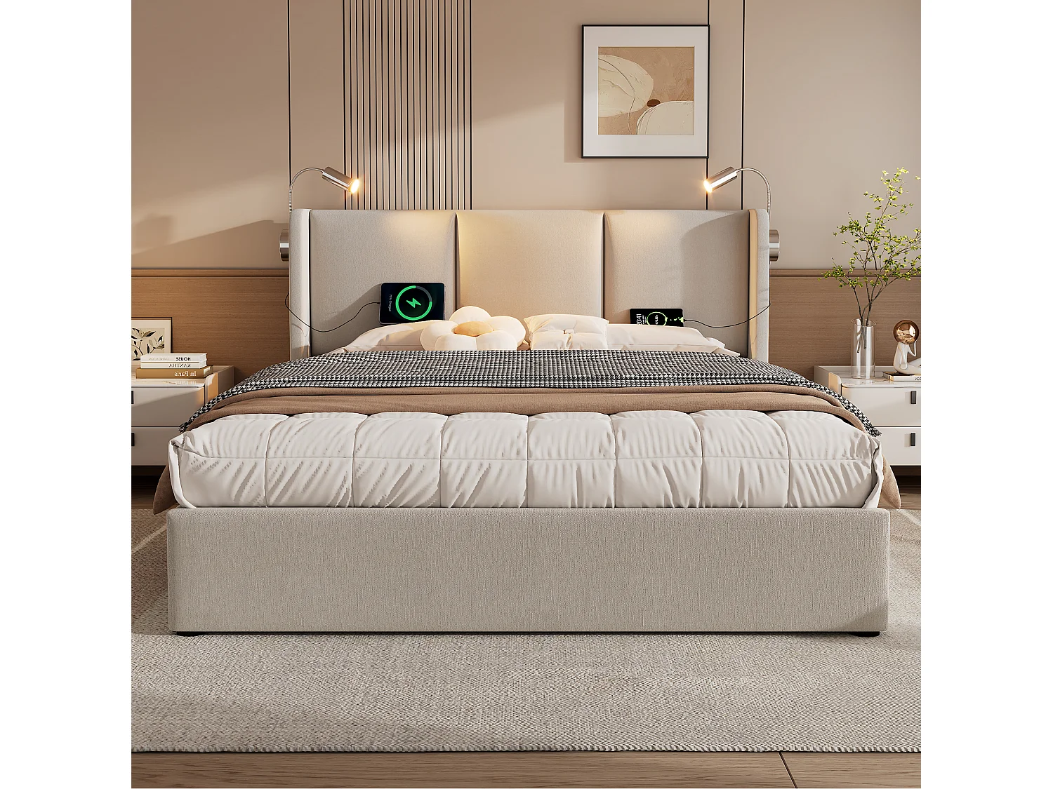 Lit coffre 180 x 200 cm avec grand coffre de rangement, lampe de lecture intégrée, ports USB et revêtement en lin - Beige (Sans matelas)