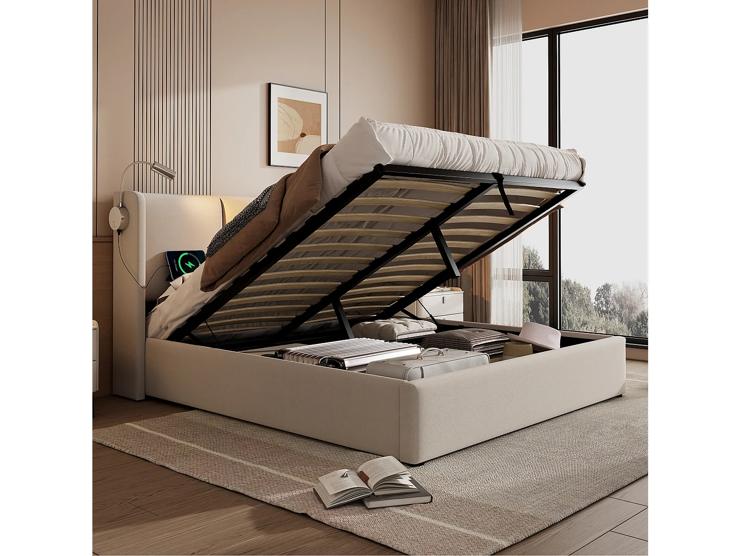 Lit coffre 180 x 200 cm avec grand coffre de rangement, lampe de lecture intégrée, ports USB et revêtement en lin - Beige (Sans matelas)