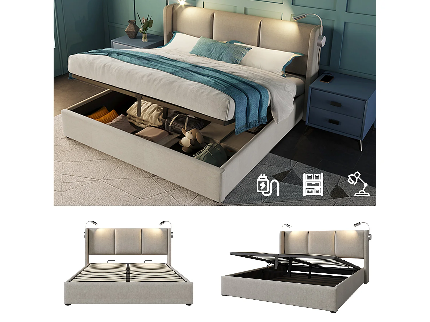 Lit coffre 180 x 200 cm avec grand coffre de rangement, lampe de lecture intégrée, ports USB et revêtement en lin - Beige (Sans matelas)