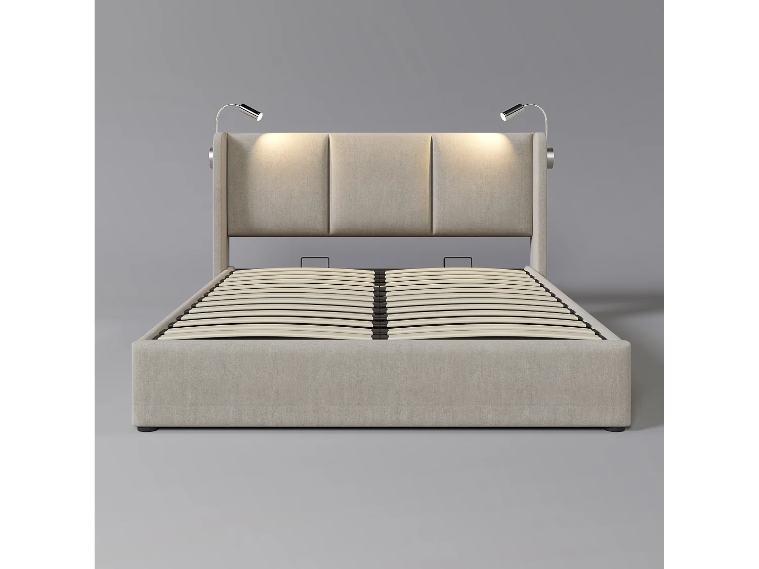 Lit coffre 180 x 200 cm avec grand coffre de rangement, lampe de lecture intégrée, ports USB et revêtement en lin - Beige (Sans matelas)