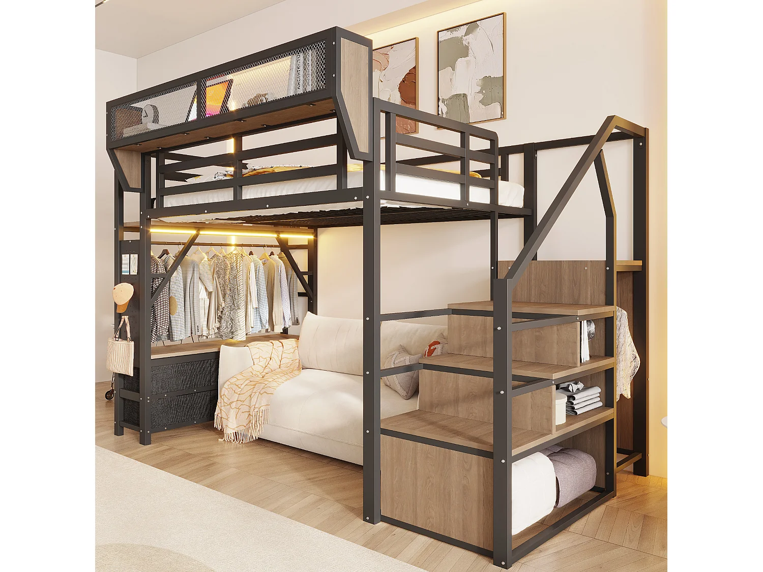 Loft bed 140 x 200 cm with wardrobe, 6 fabric drawers, removable basket and LED lighting - Metal + MDF - Black (Mattress not included)