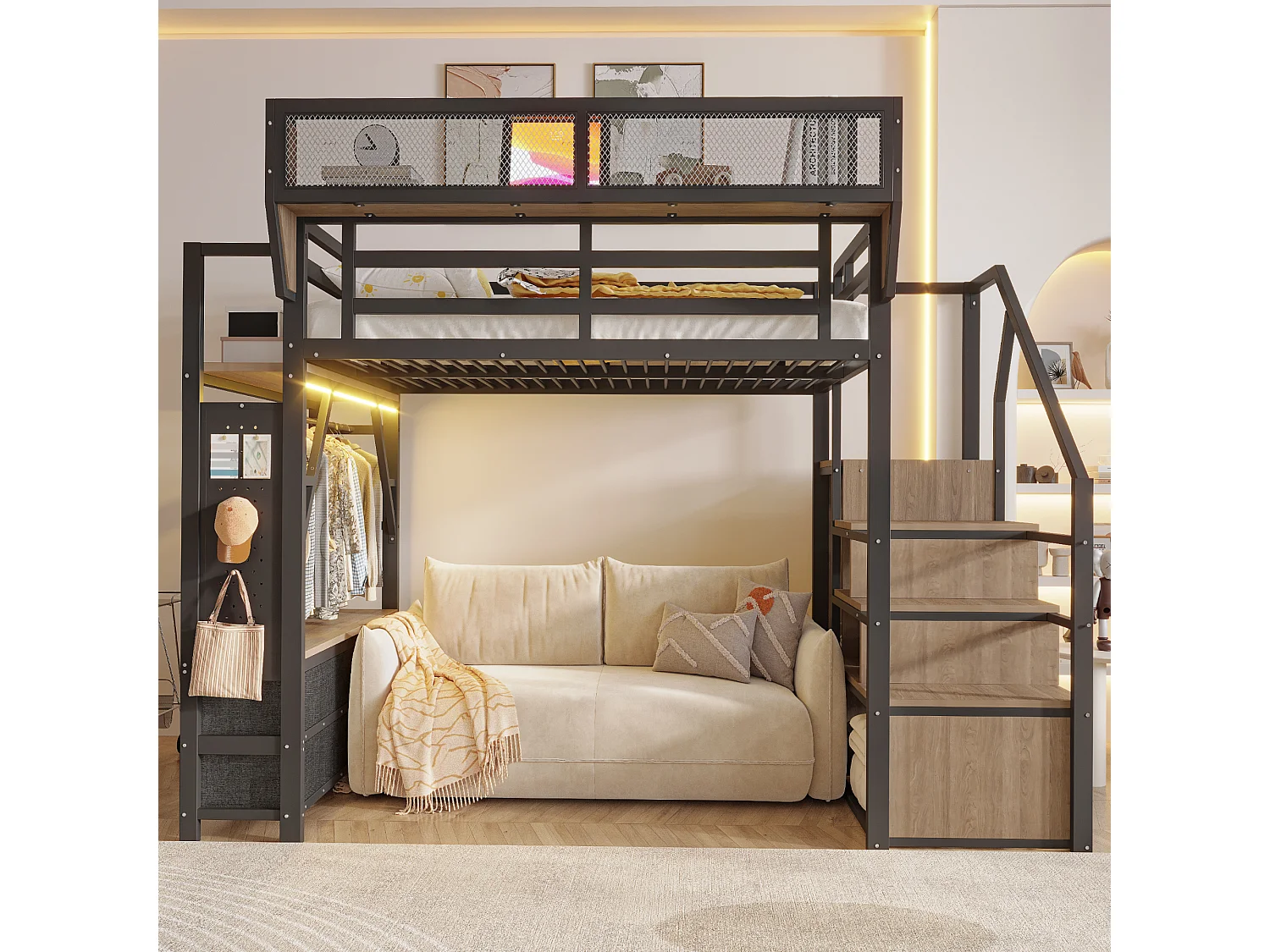 Loft bed 140 x 200 cm with wardrobe, 6 fabric drawers, removable basket and LED lighting - Metal + MDF - Black (Mattress not included)