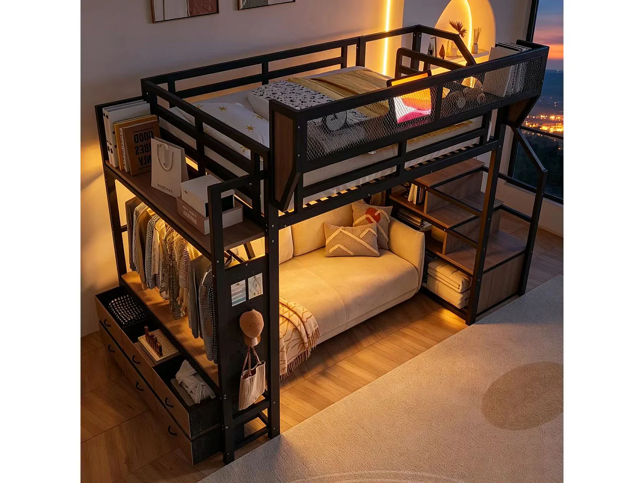 Loft bed 140 x 200 cm with wardrobe, 6 fabric drawers, removable basket and LED lighting - Metal + MDF - Black (Mattress not included)