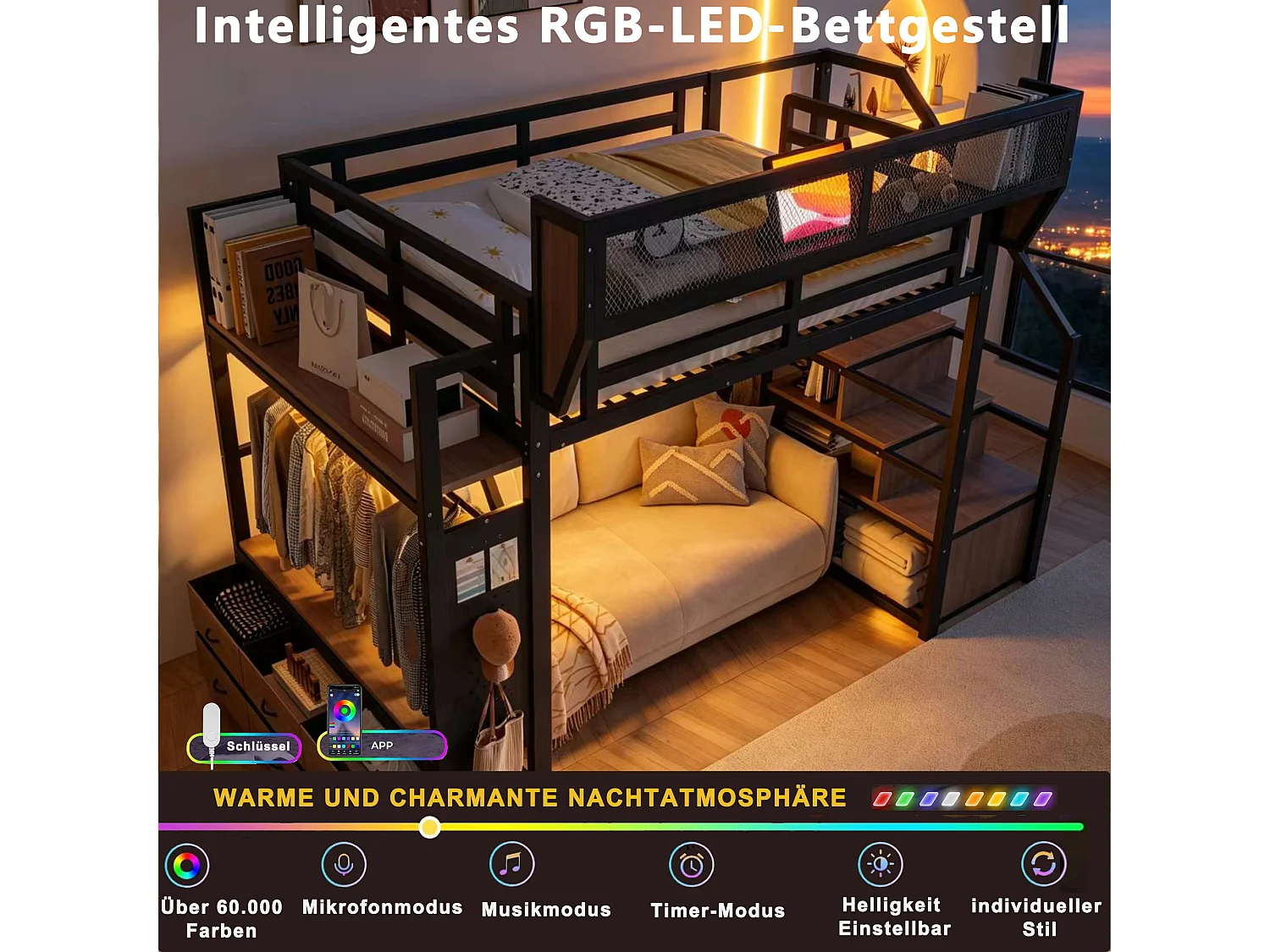Loft bed 140 x 200 cm with wardrobe, 6 fabric drawers, removable basket and LED lighting - Metal + MDF - Black (Mattress not included)