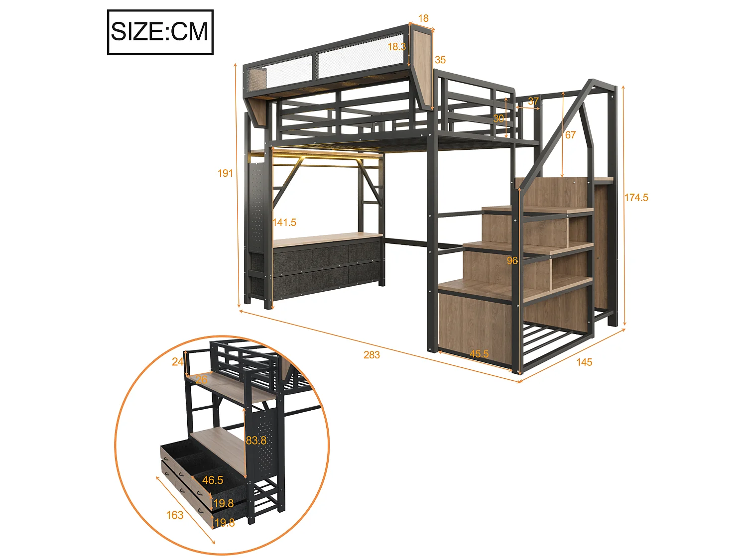 Loft bed 140 x 200 cm with wardrobe, 6 fabric drawers, removable basket and LED lighting - Metal + MDF - Black (Mattress not included)