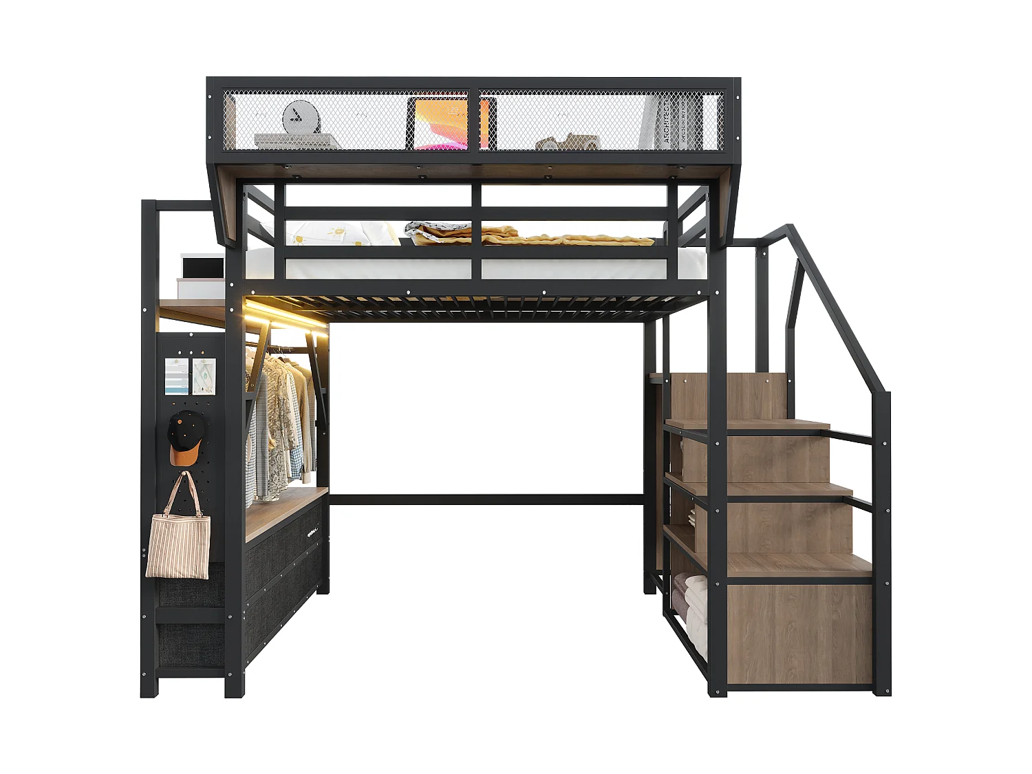 Loft bed 140 x 200 cm with wardrobe, 6 fabric drawers, removable basket and LED lighting - Metal + MDF - Black (Mattress not included)