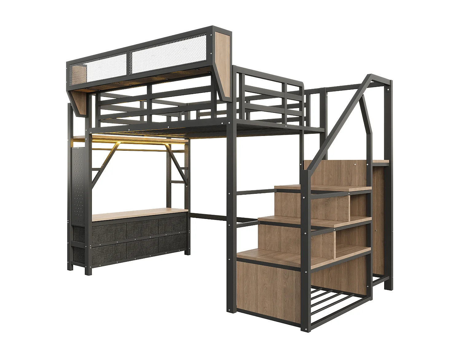 Loft bed 140 x 200 cm with wardrobe, 6 fabric drawers, removable basket and LED lighting - Metal + MDF - Black (Mattress not included)