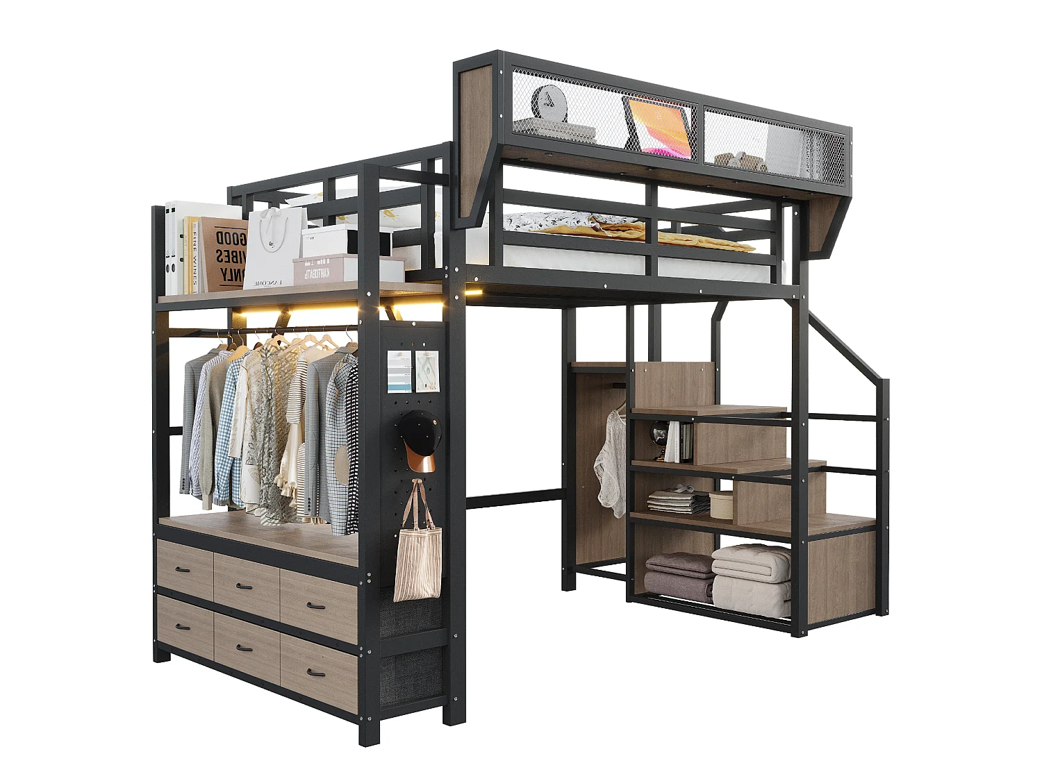 Loft bed 140 x 200 cm with wardrobe, 6 fabric drawers, removable basket and LED lighting - Metal + MDF - Black (Mattress not included)