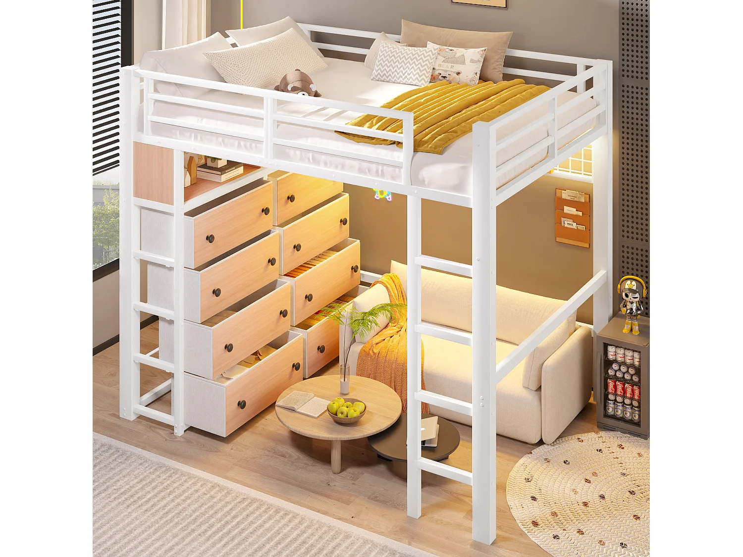 Lit mezzanine 140 x 200 cm avec 8 tiroirs, étagères, panneau perforé et éclairage LED - Métal - Blanc (sans matelas)
