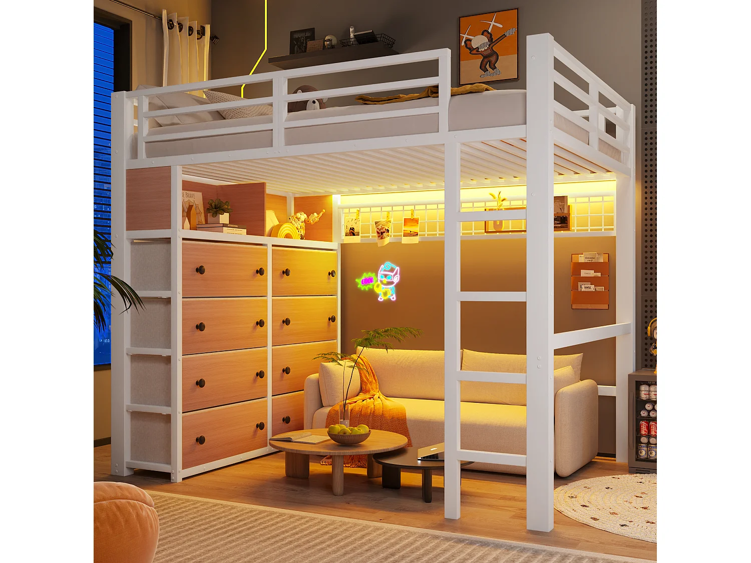 Lit mezzanine 140 x 200 cm avec 8 tiroirs, étagères, panneau perforé et éclairage LED - Métal - Blanc (sans matelas)