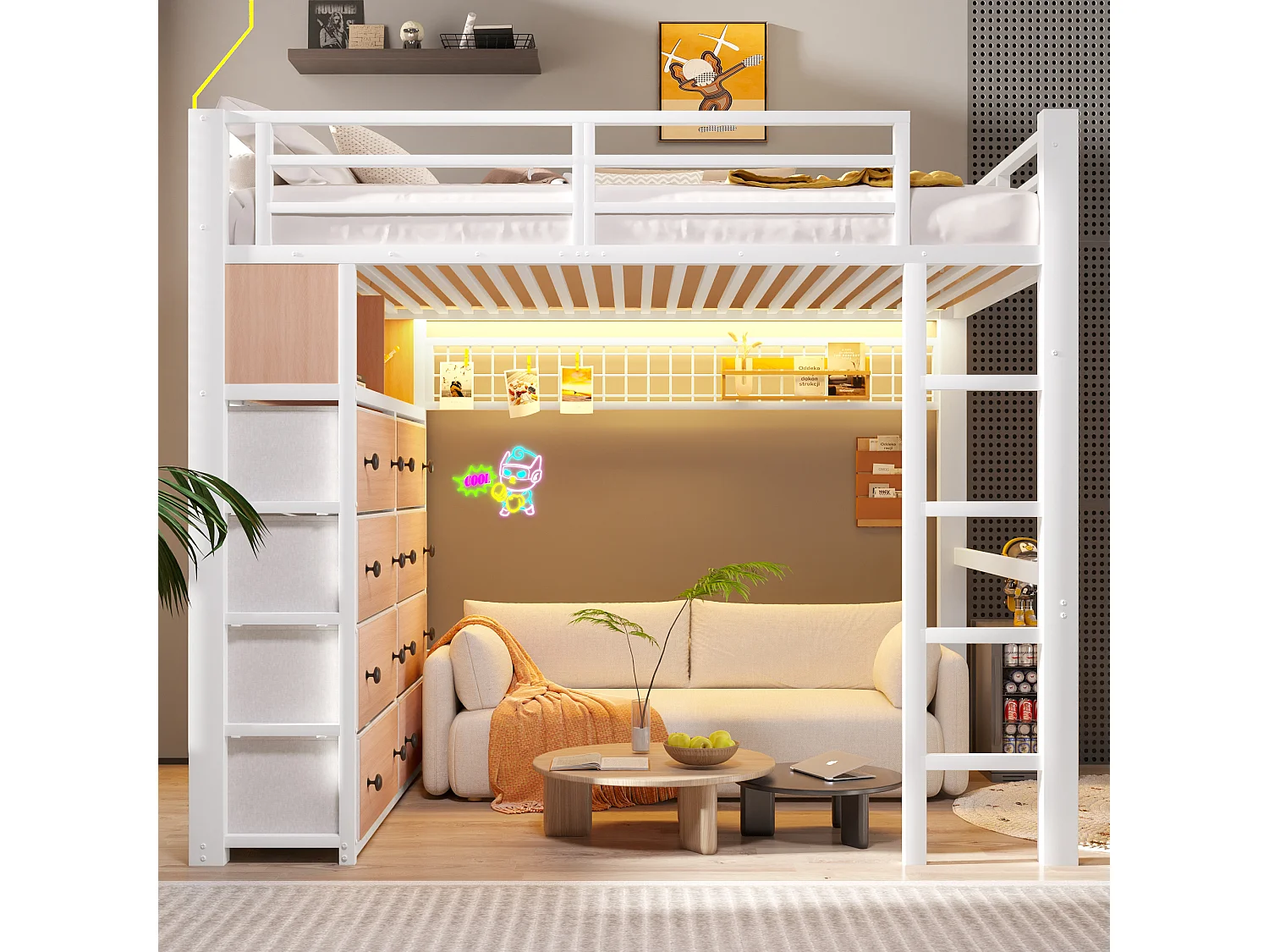 Lit mezzanine 140 x 200 cm avec 8 tiroirs, étagères, panneau perforé et éclairage LED - Métal - Blanc (sans matelas)