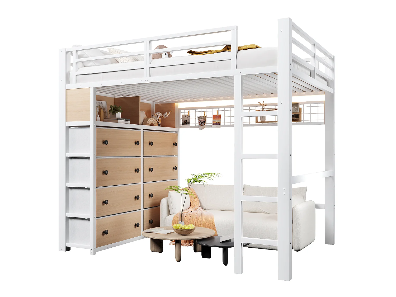 Lit mezzanine 140 x 200 cm avec 8 tiroirs, étagères, panneau perforé et éclairage LED - Métal - Blanc (sans matelas)