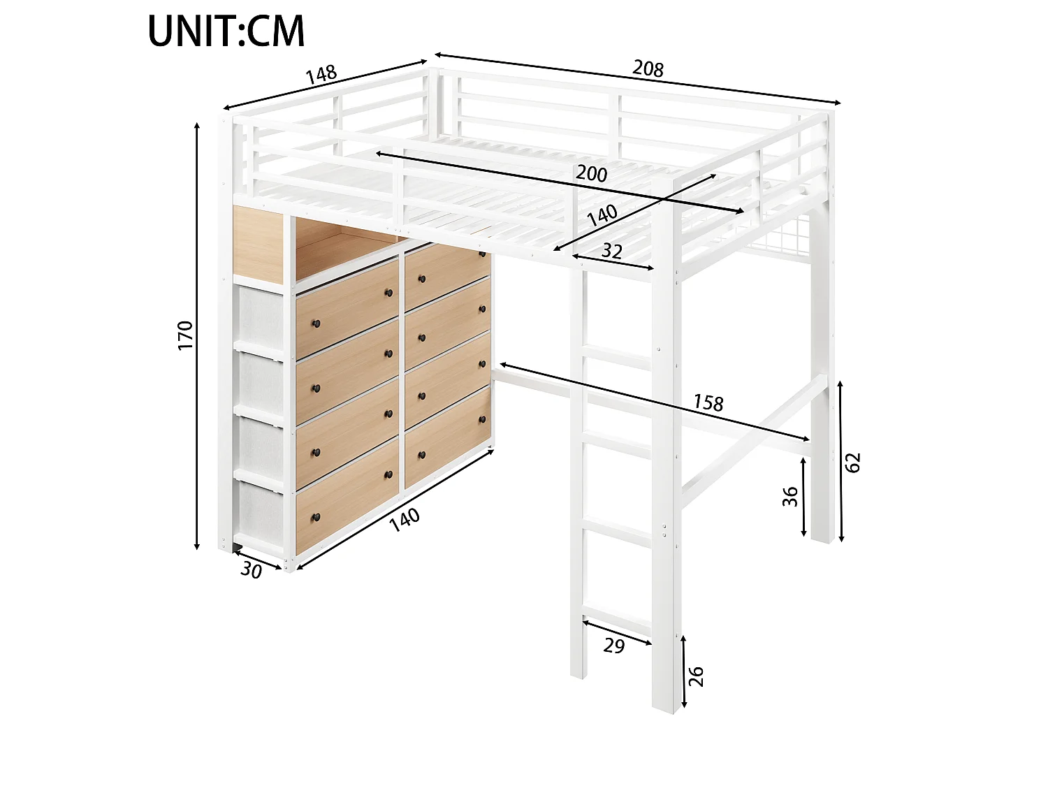 Lit mezzanine 140 x 200 cm avec 8 tiroirs, étagères, panneau perforé et éclairage LED - Métal - Blanc (sans matelas)