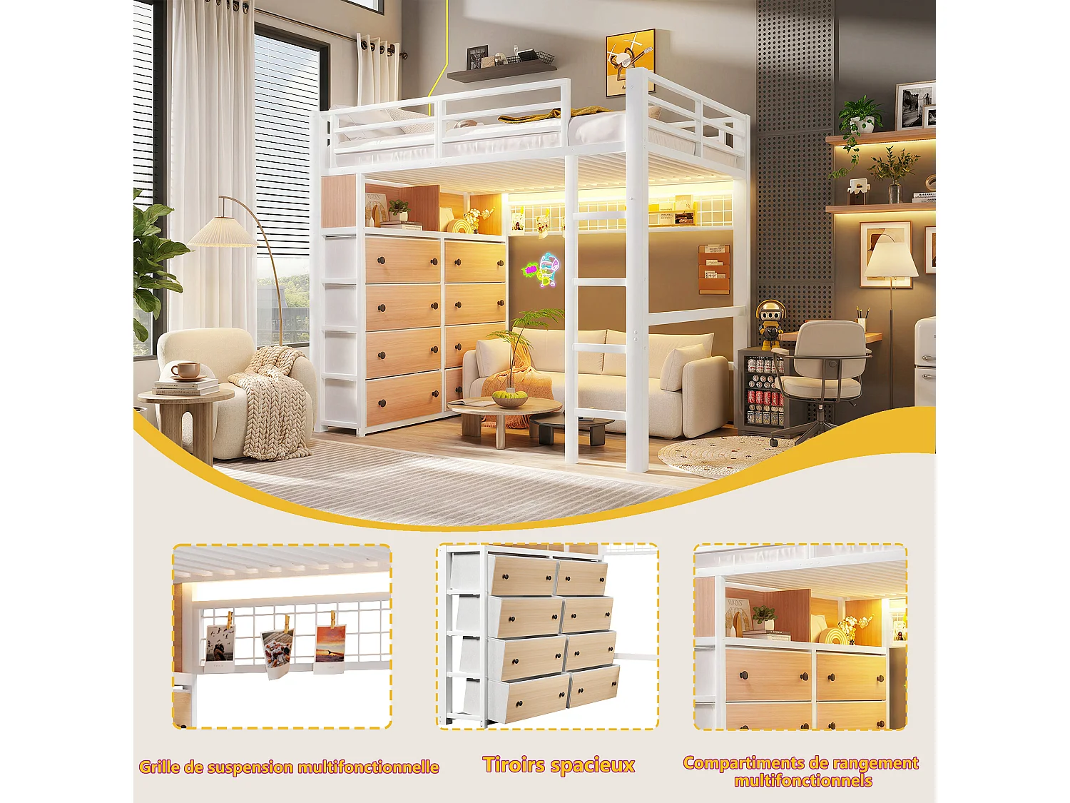 Lit mezzanine 140 x 200 cm avec 8 tiroirs, étagères, panneau perforé et éclairage LED - Métal - Blanc (sans matelas)