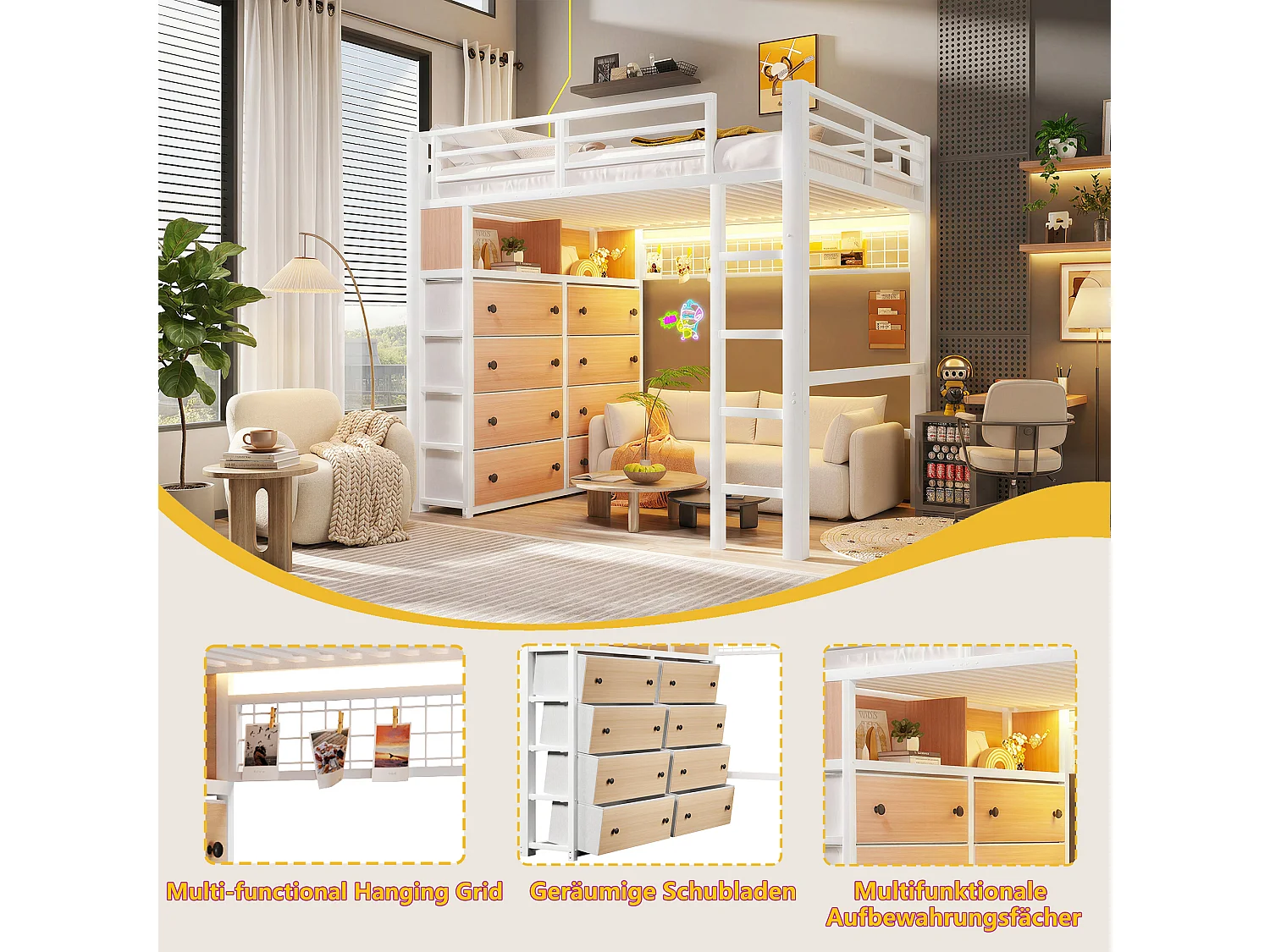 Lit mezzanine 140 x 200 cm avec 8 tiroirs, étagères, panneau perforé et éclairage LED - Métal - Blanc (sans matelas)