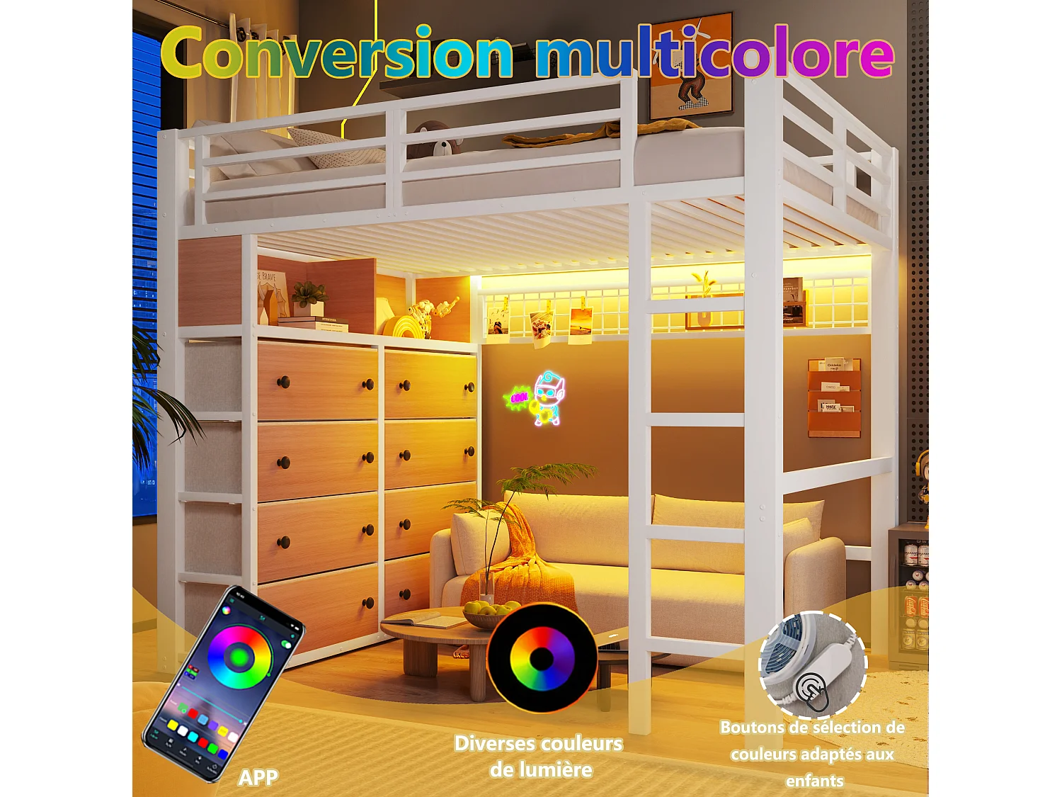 Lit mezzanine 140 x 200 cm avec 8 tiroirs, étagères, panneau perforé et éclairage LED - Métal - Blanc (sans matelas)
