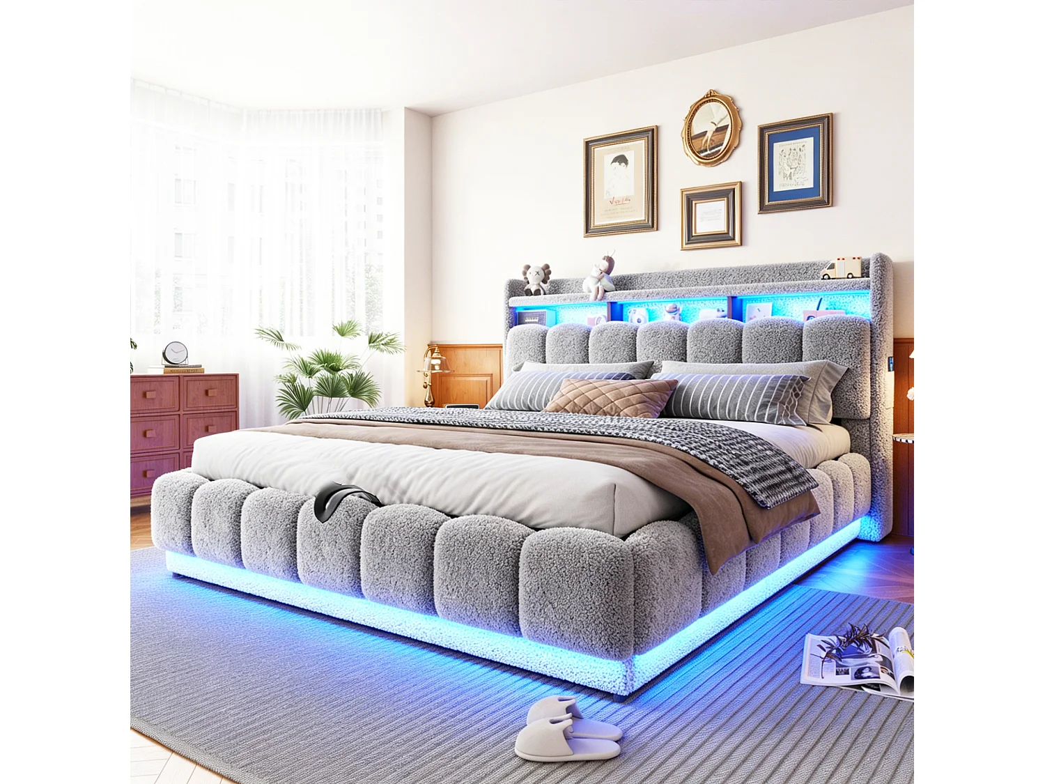 Opbergbed van 180 x 200 cm met openklapbaar hoofdeinde, ledverlichting en USB-poorten - Boucléstof + metaal + multiplex - Grijs (matras niet inbegrepen)