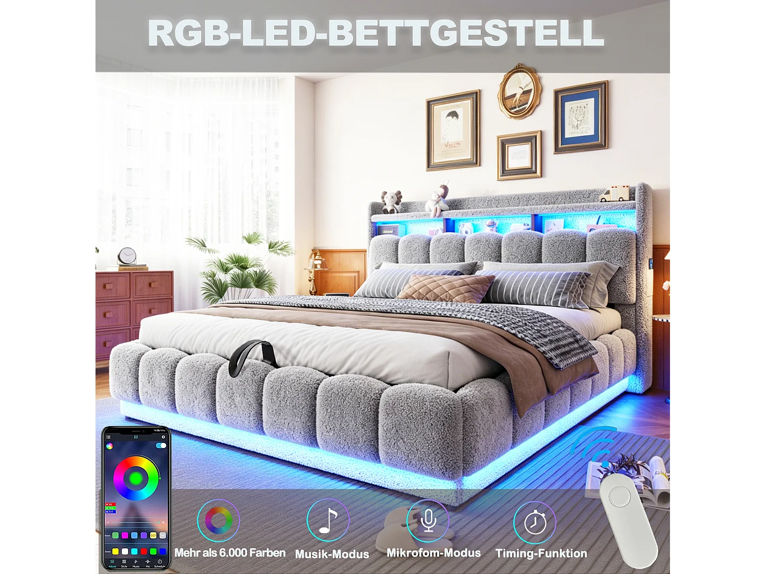 Opbergbed van 180 x 200 cm met openklapbaar hoofdeinde, ledverlichting en USB-poorten - Boucléstof + metaal + multiplex - Grijs (matras niet inbegrepen)