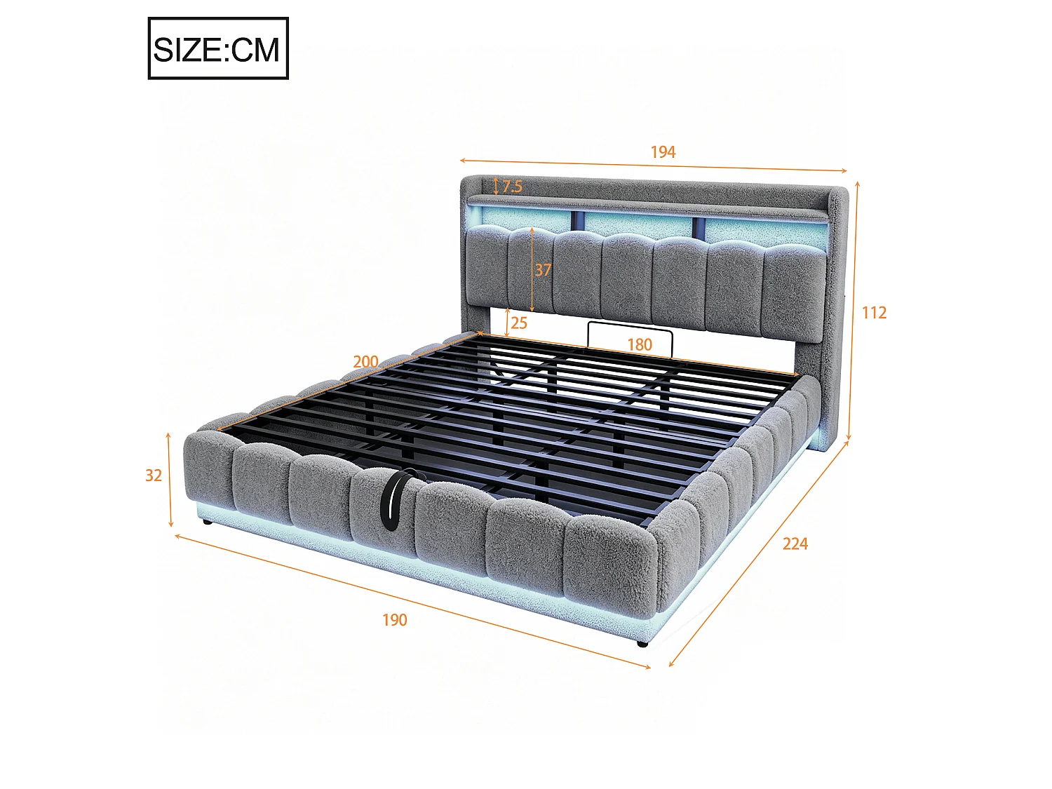 Opbergbed van 180 x 200 cm met openklapbaar hoofdeinde, ledverlichting en USB-poorten - Boucléstof + metaal + multiplex - Grijs (matras niet inbegrepen)