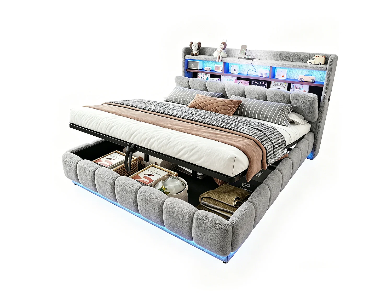 Opbergbed van 180 x 200 cm met openklapbaar hoofdeinde, ledverlichting en USB-poorten - Boucléstof + metaal + multiplex - Grijs (matras niet inbegrepen)