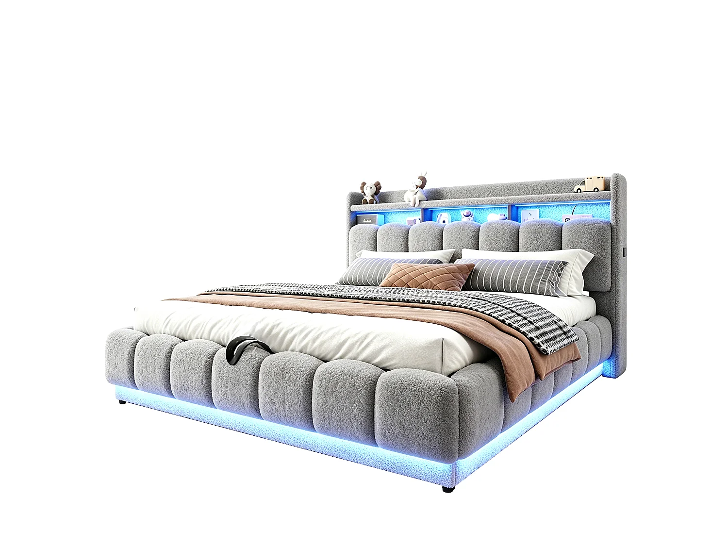 Opbergbed van 180 x 200 cm met openklapbaar hoofdeinde, ledverlichting en USB-poorten - Boucléstof + metaal + multiplex - Grijs (matras niet inbegrepen)