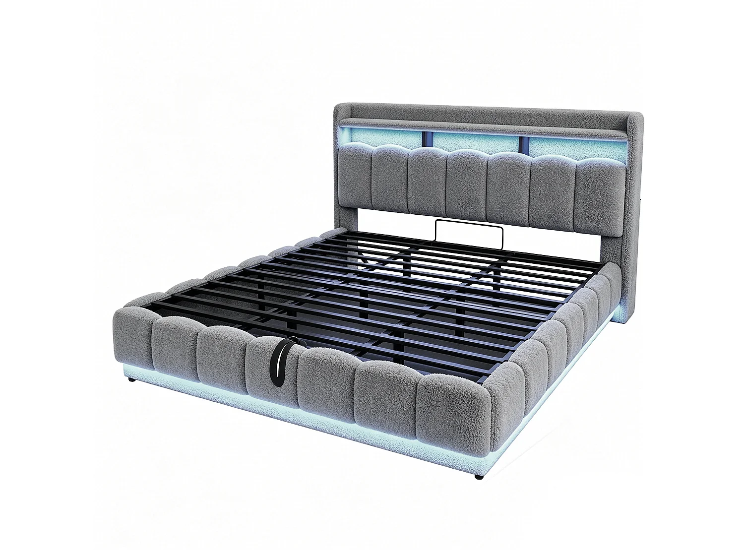 Opbergbed van 180 x 200 cm met openklapbaar hoofdeinde, ledverlichting en USB-poorten - Boucléstof + metaal + multiplex - Grijs (matras niet inbegrepen)