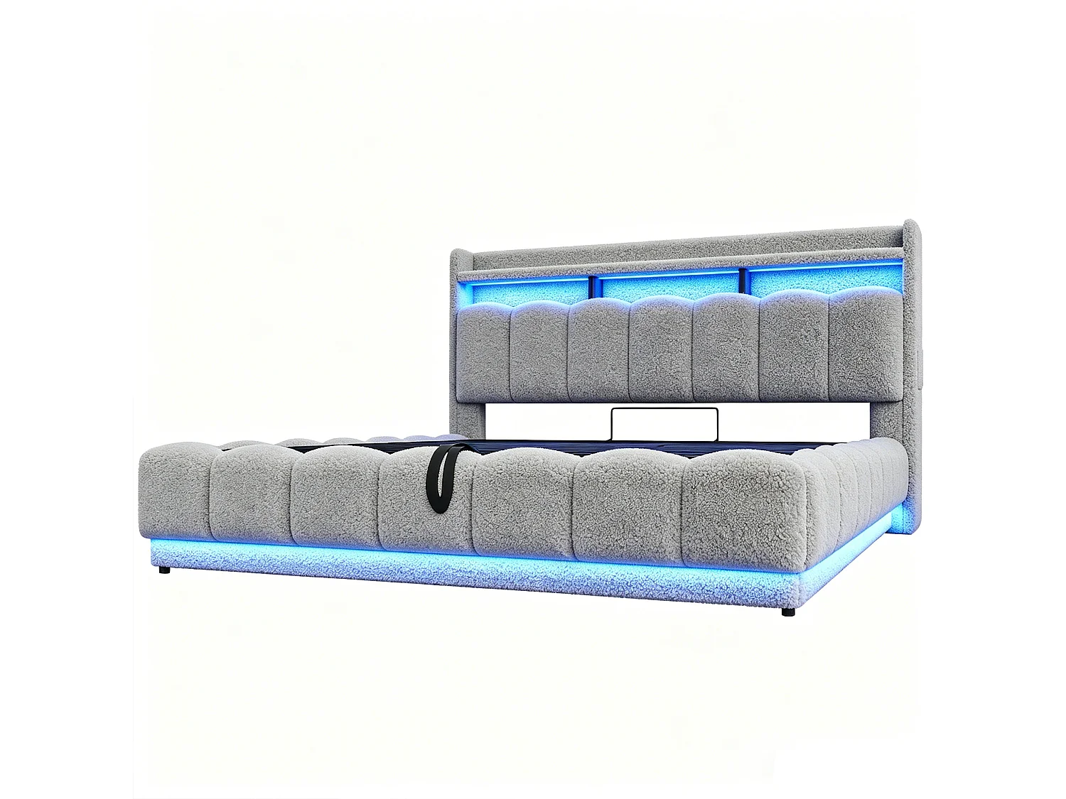 Opbergbed van 180 x 200 cm met openklapbaar hoofdeinde, ledverlichting en USB-poorten - Boucléstof + metaal + multiplex - Grijs (matras niet inbegrepen)